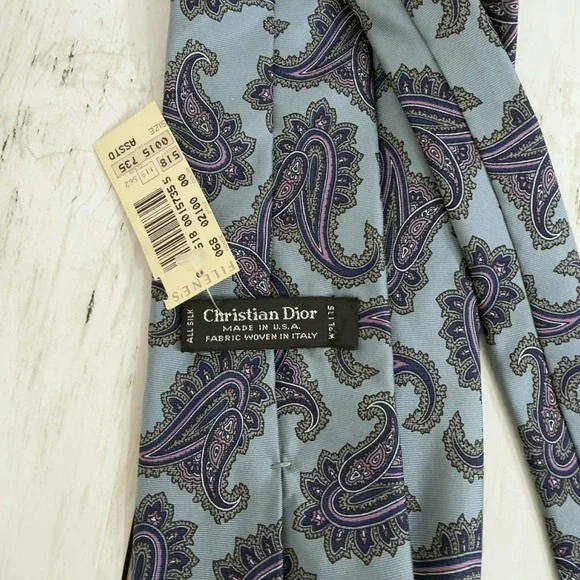 Christian Dior Men's NWT Vintage Italian Silk Paisley Tie Gray Purple USA Made - Picture 2 of 4